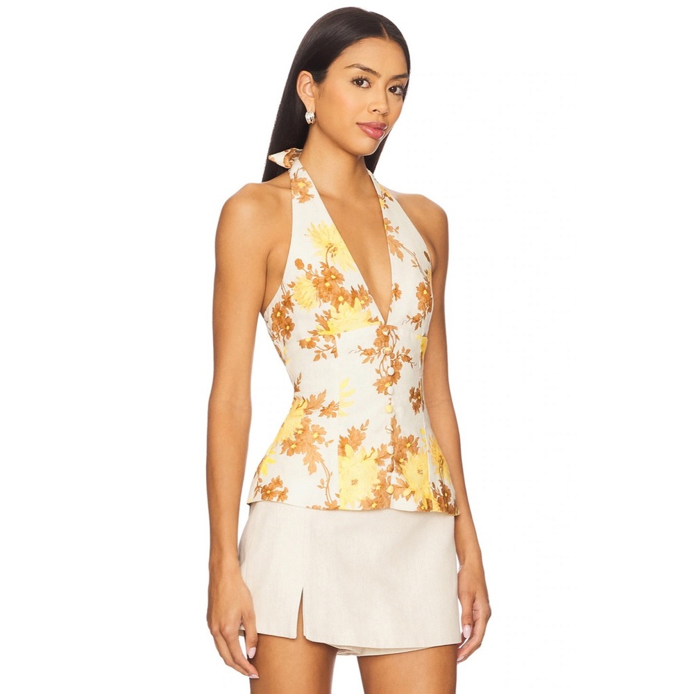 NWT Faithfull the Brand Marie Top in Midsummer Floral Mustard Brown Linen Halter - Picture 5 of 11